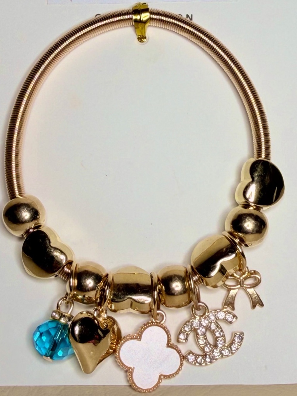 CC Letter Gold Charm bracelet with White Clover and Crystal Accents